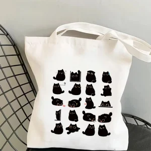 Cute Black Kitten Pattern Canvas Bag Durable Casual Shoulder Tote Bag with Playful Character Art Perfect Gift for Anime Fans