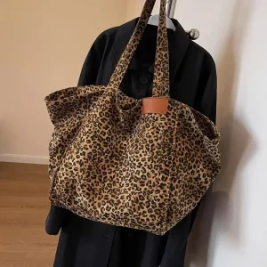 2025 autumn and winter new leopard print handbag retro canvas shoulder bag fashionable large capacity tote bag