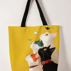 1pc,stacked cat handbag, reusable fashionable handbag, multifunctional handbag, printed canvas shopping bag