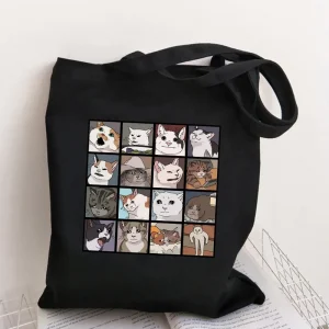 Playful Humorous Canvas Shoulder Bag Cartoon Cats Grid Various Expressions Pattern Tote Handbag Women's Daily Casual Outfits