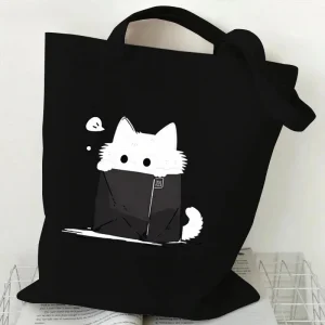 Kawaii Cat Print Canvas Tote Bag Cute Cartoon Cat Pattern Shoulder Bag For Daily Shopping Pet Lovers Enthusiasts